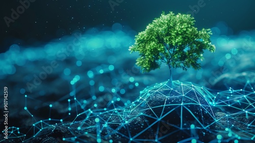 This image features a tree standing atop a digitally networked hump, illuminated with glowing lights, capturing the themes of natural beauty and technological advancement.