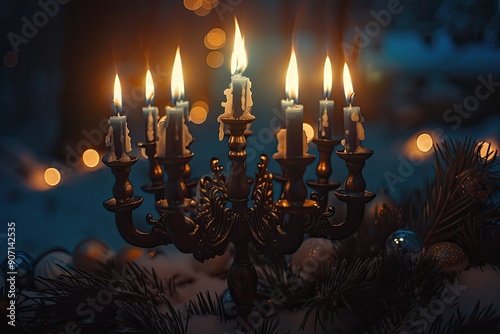 a menorah with candles and ornaments on a table, photo