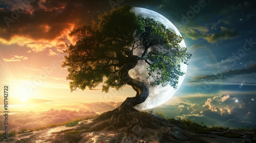 Ying yang concept of balance Yggdrasil tree of life photo