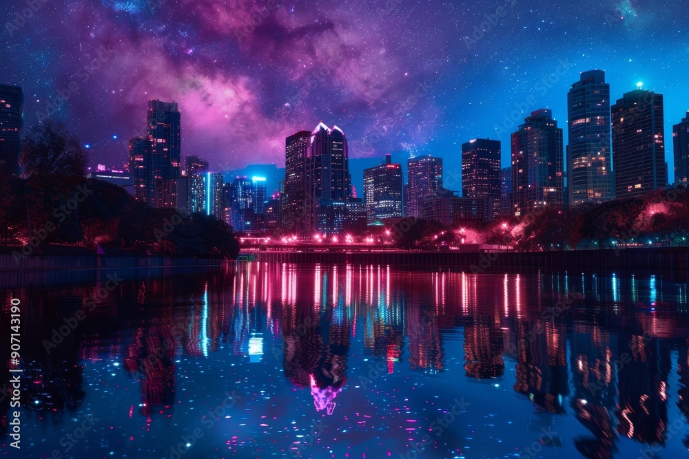 a city skyline with a lake and a purple sky, a city skyline with a lake and a purple sky,