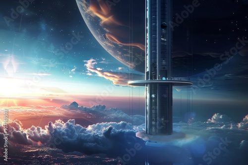 Fototapeta Naklejka Na Ścianę i Meble -  a space station in the sky with a mountain in the background, futuristic space elevator concept could revolutionize access to space