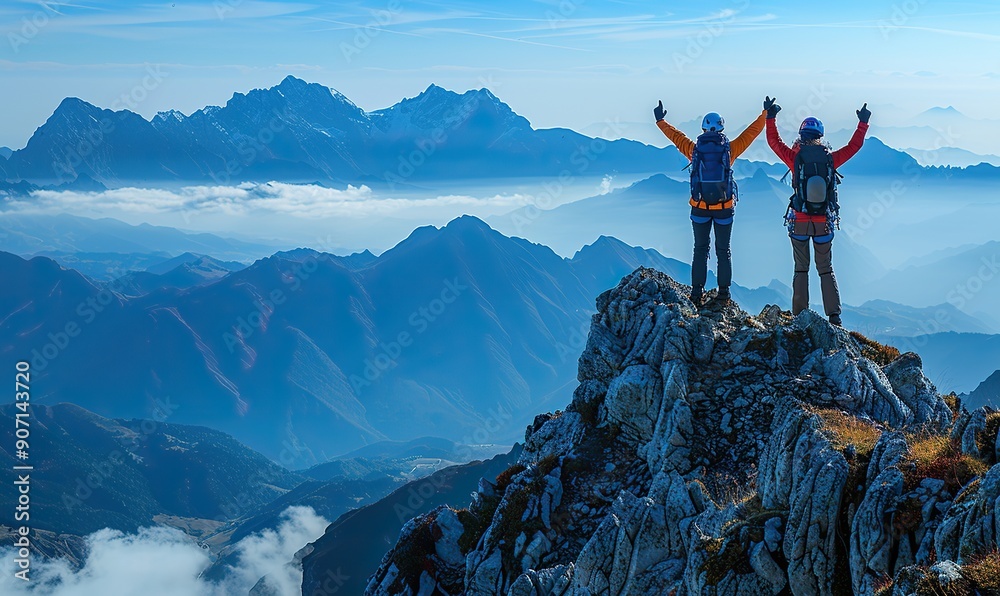 The silhouette of two hikers, arms raised in celebration, is set against a panoramic mountain scene from the summit. The silhouette of two hikers, arms raised in celebration, is set against a panoramic mountain scene from the summit.