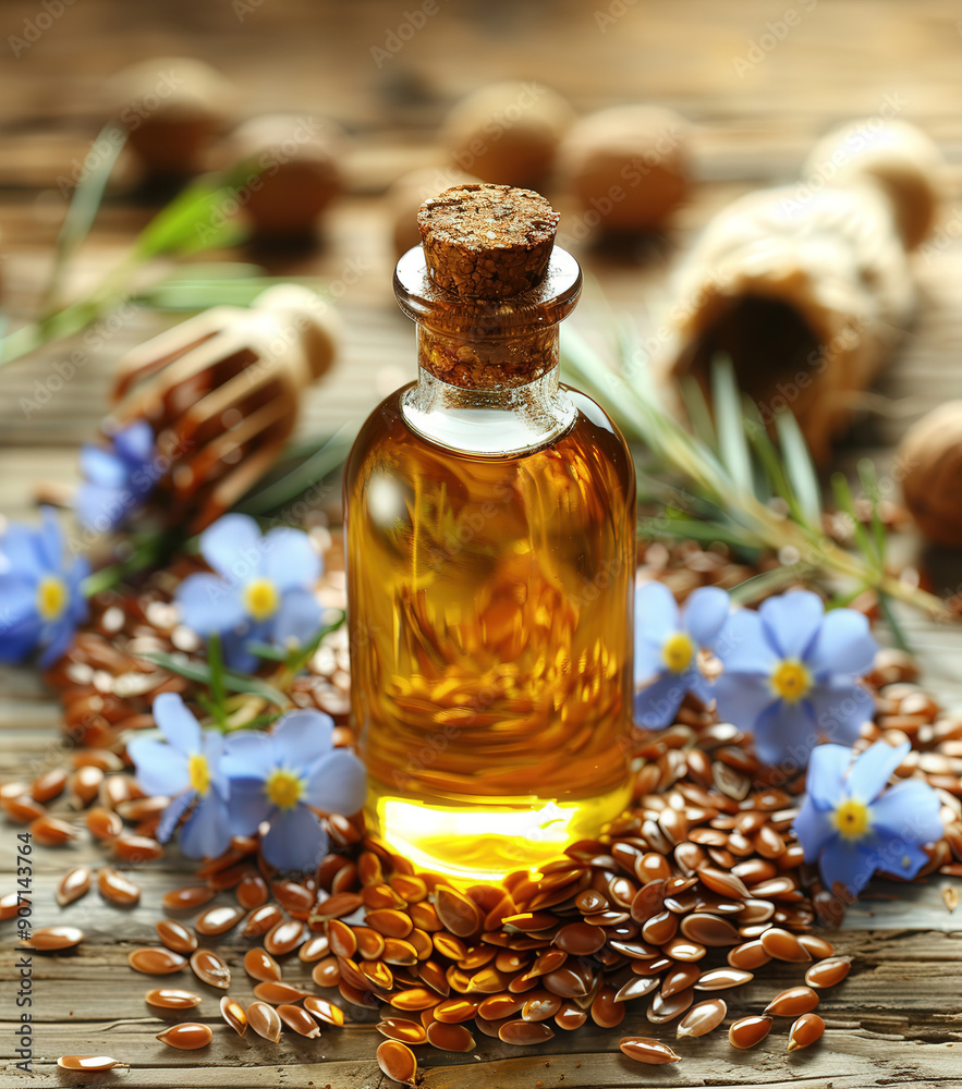 Bottle flaxseed oil surrounded flax seeds and blue flax flowers, with rustic wooden background. Bottle flaxseed oil surrounded flax seeds and blue flax flowers, with rustic wooden background.