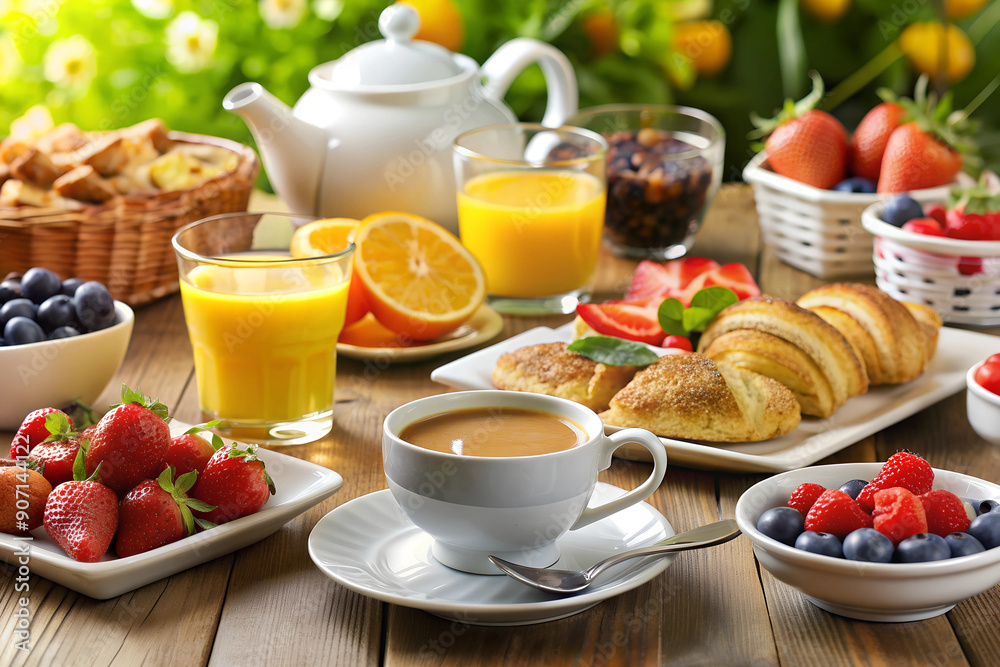 Sweet summer breakfast in the garden, pastries, fresh berries, coffee, orange juice, on a wooden table, in the countryside Sweet summer breakfast in the garden, pastries, fresh berries, coffee, orange juice, on a wooden table, in the countryside