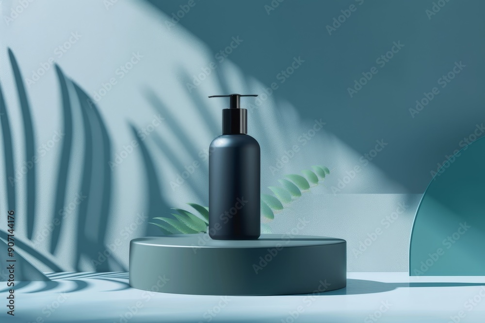 a bottle of liquid on a table with a plant, photorealistic image of a product mockup for advertising