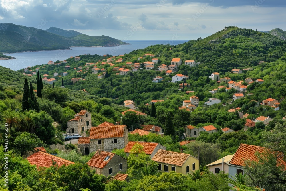 a small town on a hill overlooking a lake, picturesque small European village nested between hills and the sea a small town on a hill overlooking a lake, picturesque small European village nested between hills and the sea