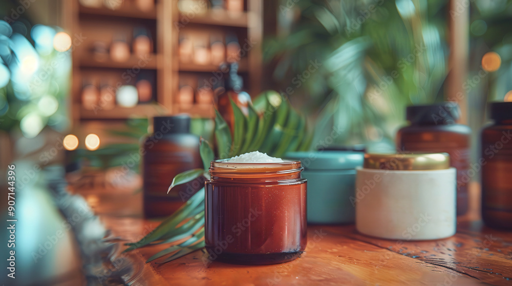 Close up jar of coconut oil next spa essentials, used for skincare, concept handmade, copy space Close up jar of coconut oil next spa essentials, used for skincare, concept handmade, copy space