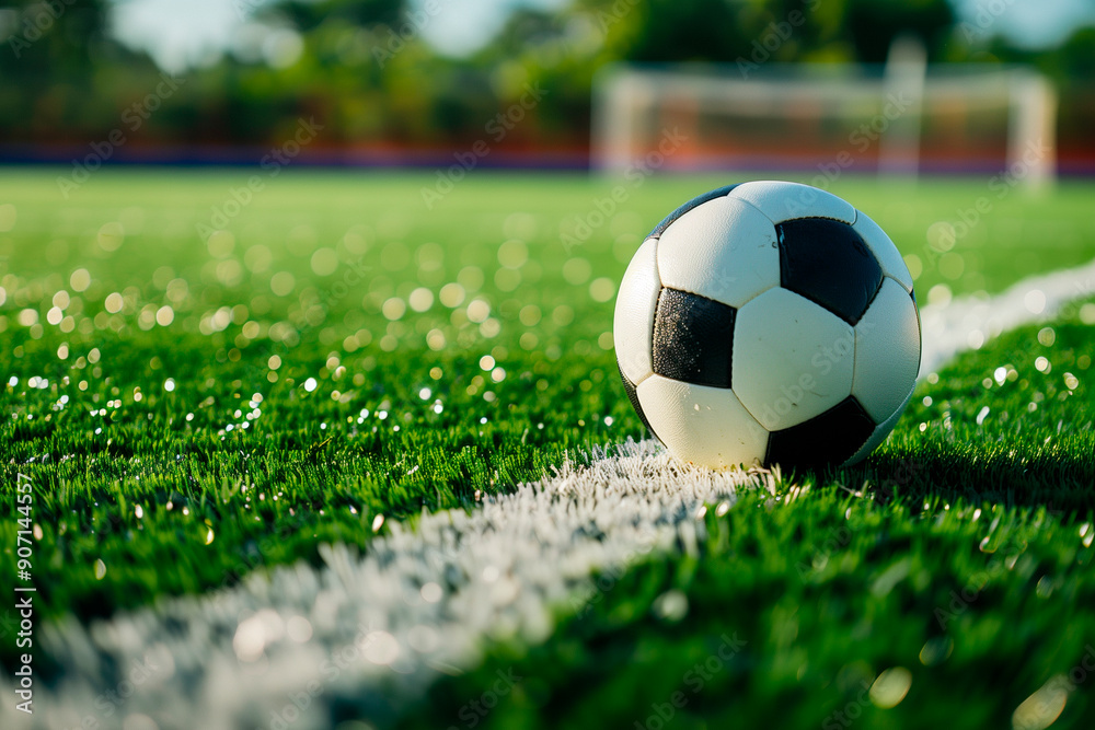 Fototapeta premium Close-up of a soccer ball on a green field.