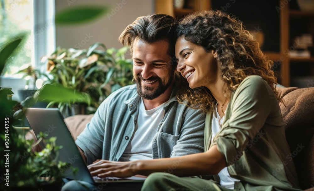Multiracial young couple watching computer laptop sitting on the sofa at home - Happy diverse husband and wife using pc online services - Technology life Multiracial young couple watching computer laptop sitting on the sofa at home - Happy diverse husband and wife using pc online services - Technology life