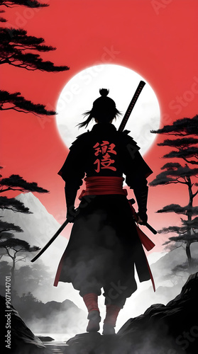 Dramatic Samurai Warrior Silhouette with Moon and Mountain Landscape Background photo