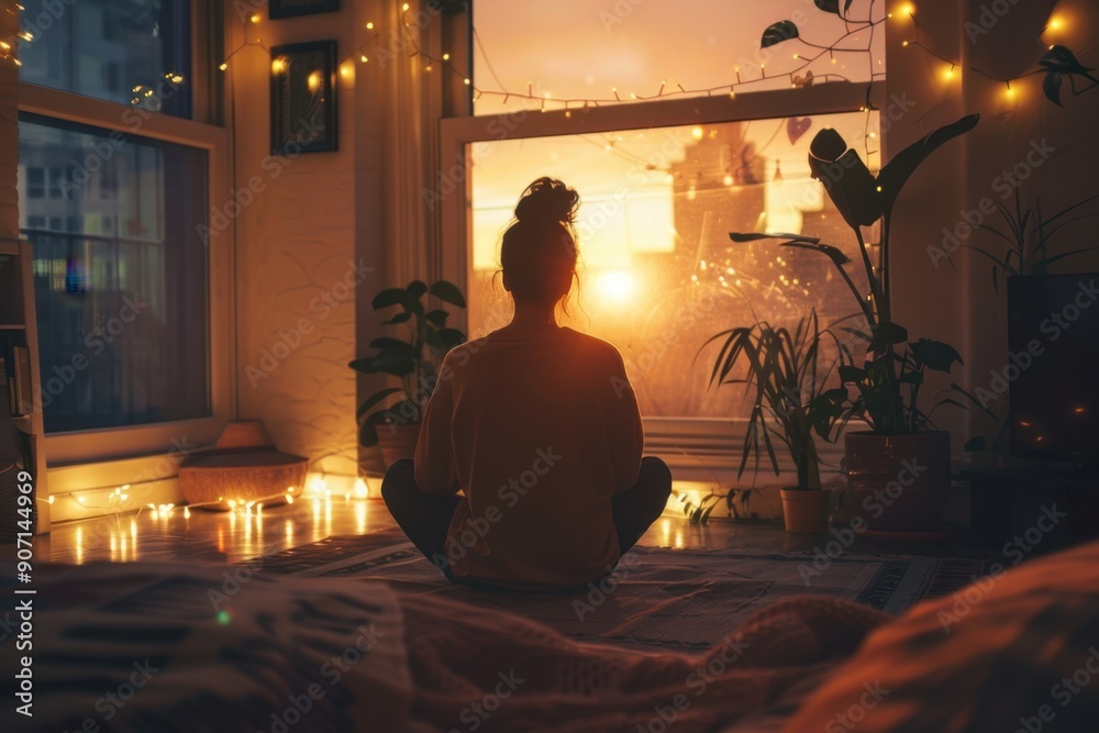Person practicing deep breathing in a cozy room with warm evening light Person practicing deep breathing in a cozy room with warm evening light