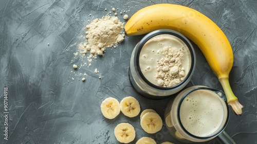 Protein powder and bananas with milk in shaker bottle for post workout nutrition viewed from top photo