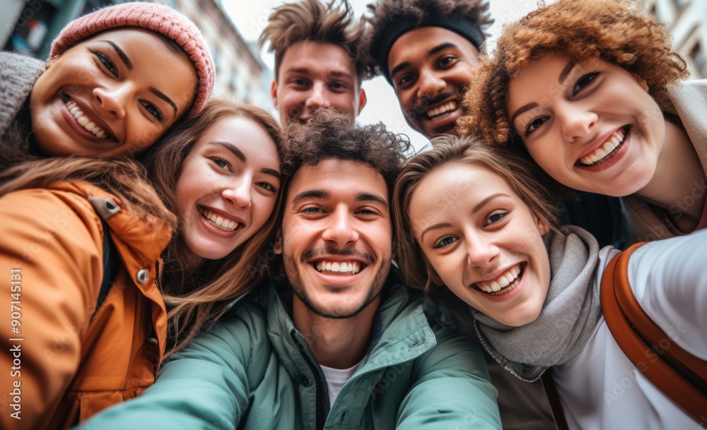 Multicultural group of young people smiling together at camera - Happy friends taking selfie pic with smartphone outdoors Multicultural group of young people smiling together at camera - Happy friends taking selfie pic with smartphone outdoors