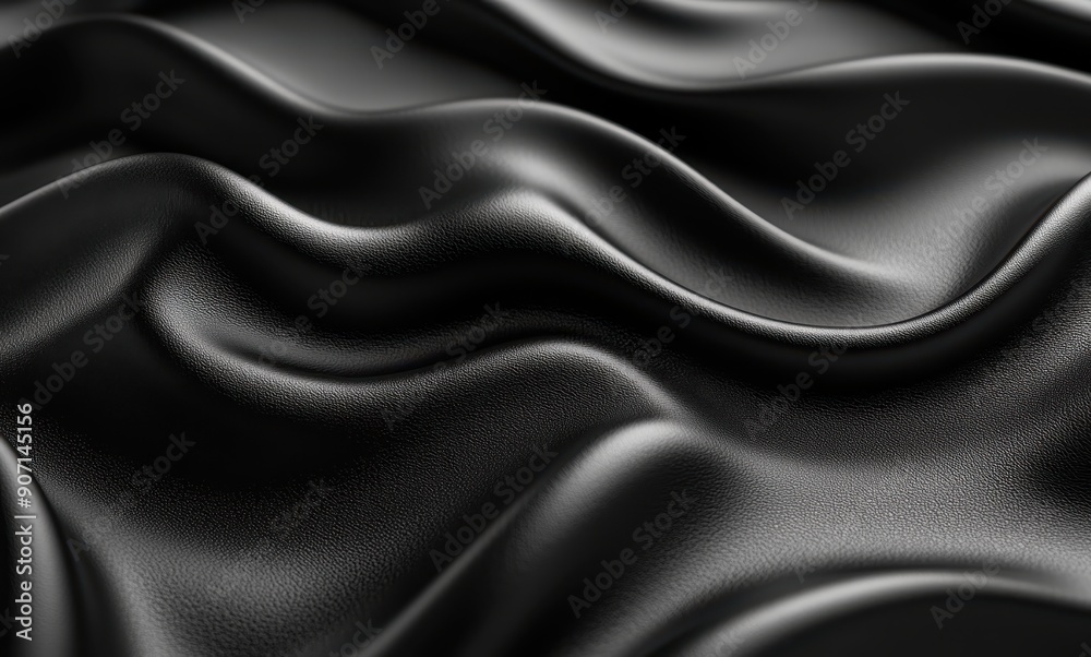 Black leather background, abstract black waves of varying sizes, 3D rendered close-up with high resolution and detail, Black leather background, abstract black waves of varying sizes, 3D rendered close-up with high resolution and detail,