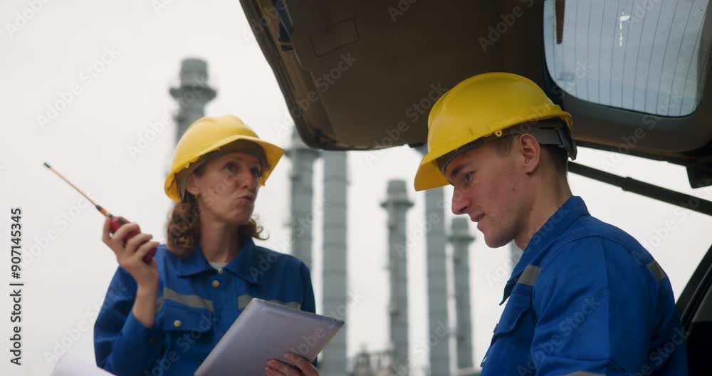 Site engineer team discussing job with blueprint and tablet at the rear tailgate of vehicle the trunk of the car Site engineer team discussing job with blueprint and tablet at the rear tailgate of vehicle the trunk of the car
