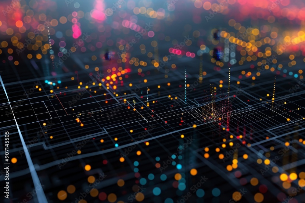 a city with lots of lights and buildings, Scatter plots mapping out correlations between variables