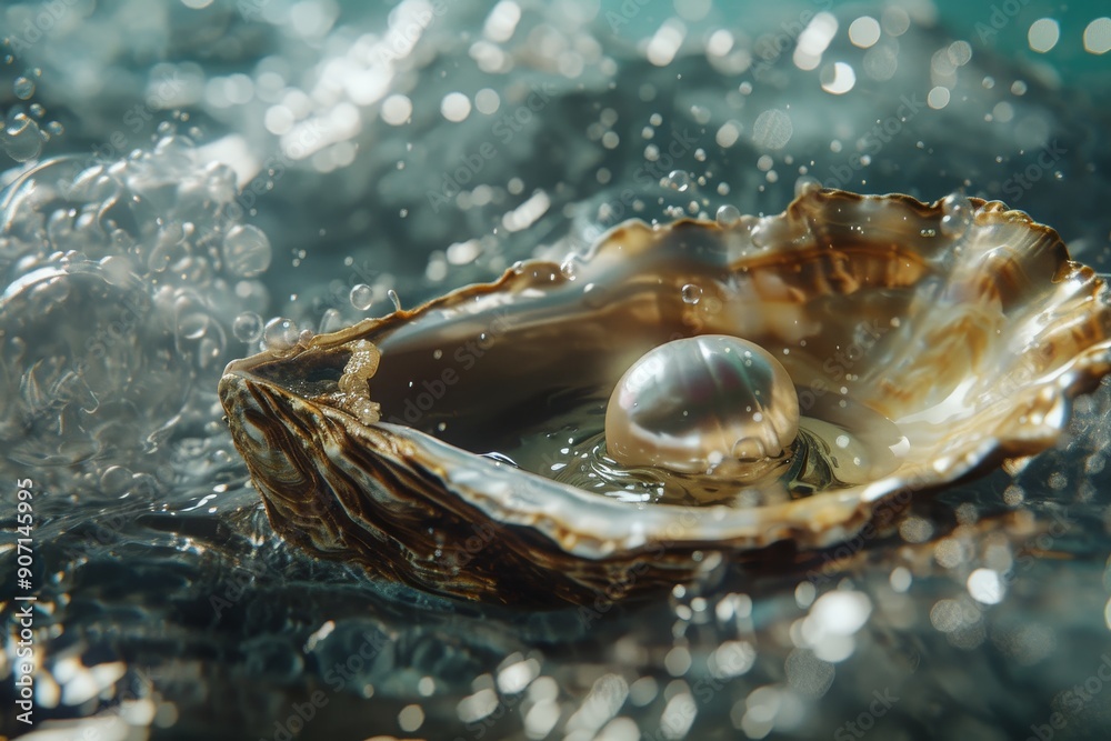 a pearl in a shell on a wave, , serene, underwater visualisation of a luxurious pearl in an oyster a pearl in a shell on a wave, , serene, underwater visualisation of a luxurious pearl in an oyster