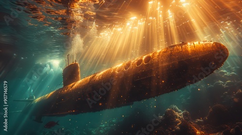 underwater background with nostalgic light rays, retro-futuristic elements like vintage submarines and divers, pastel colors photo