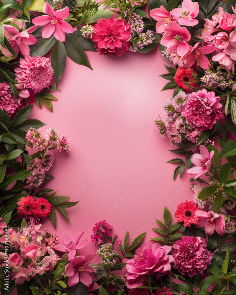 Pink azaleas white daisies framing white rectangular center bright blue background, flat lay Pink azaleas white daisies framing white rectangular center bright blue background, flat lay