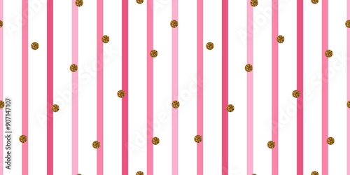 Fun pink stripes seamless pattern. Metallic gilded confetti. Simple girly backdrop. Birthday background. Design for cards, wedding parties, invitations, packaging, textiles, ads, and surface design. © Danchenko