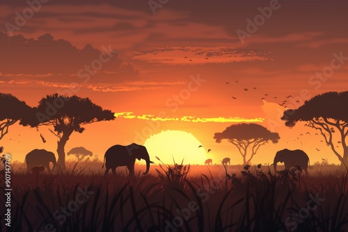 a painting of elephants in a field at sunset, sunset scene over an African savanna with silhouettes of elephants and acacia trees