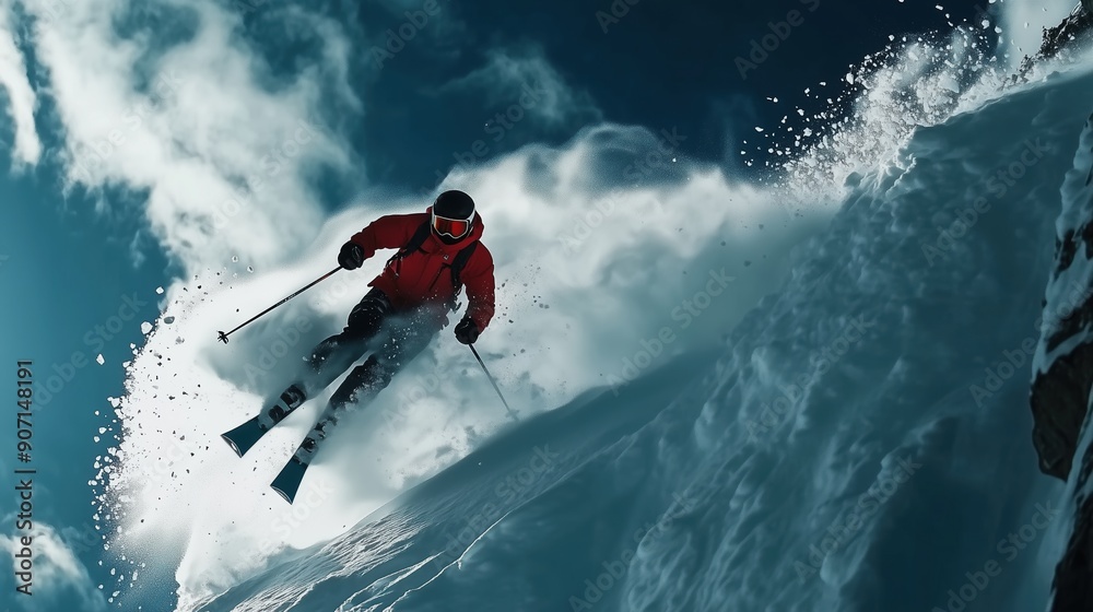 Dynamic Skier Mid-Air Diagonal Jump Against Blue Sky and Snowy Mountain Dynamic Skier Mid-Air Diagonal Jump Against Blue Sky and Snowy Mountain