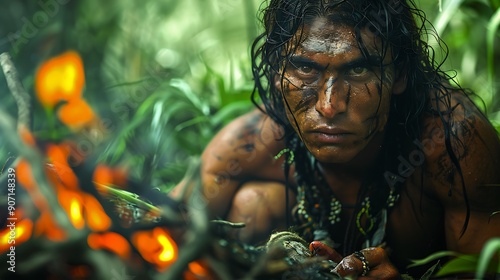 Huntergatherers making fire using sticks jungle vines photo