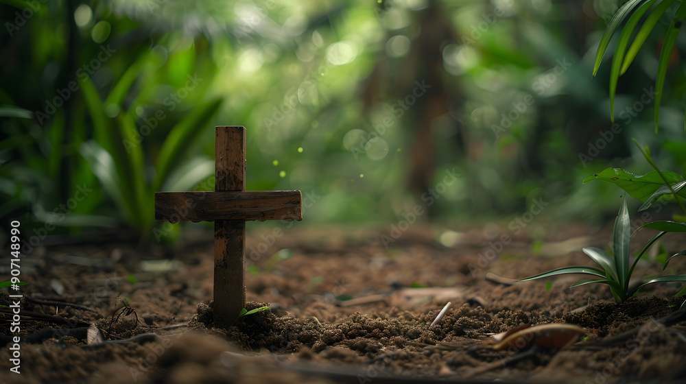 A wooden cross is standing in the middle of a forest. A wooden cross is standing in the middle of a forest.