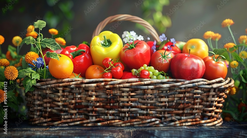 Wicker Basket Filled with Fresh Produce - 3D Illustration Wicker Basket Filled with Fresh Produce - 3D Illustration