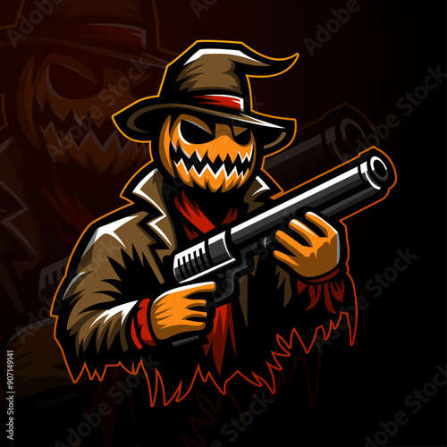 mascot loco esport halloween pumpkin wearing a cowboy hat and carrying a gun