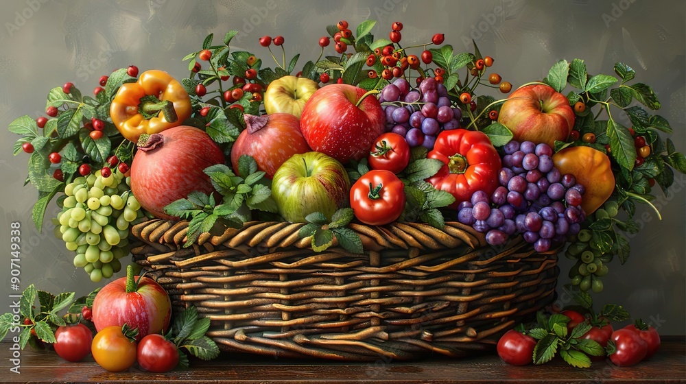 Basket of Fruit and Vegetables Realistic Illustration Basket of Fruit and Vegetables Realistic Illustration
