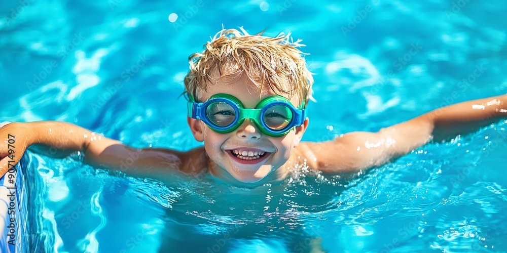 Naklejka premium Young Boy with Blonde Hair Enjoying a Swim in a Pool with Green and Blue Goggles