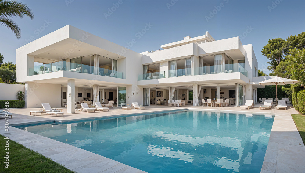 Fototapeta premium A luxurious white villa with a sparkling pool, spacious terrace, modern seating, and a seamless garage, offering a serene and harmonious atmosphere. 