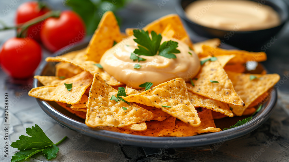 A plate of tortilla chips with cheese sauce A plate of tortilla chips with cheese sauce