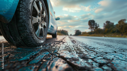 Wallpaper Mural Car wheel acceleration on wet road with splashes during rain Torontodigital.ca
