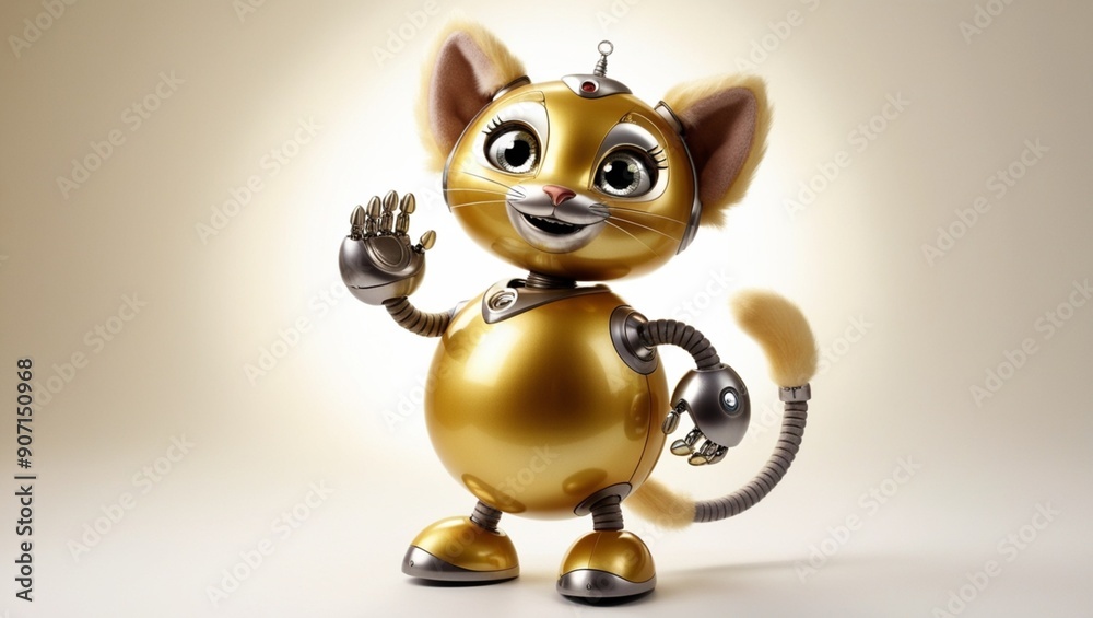 Cyborg artificial intelligence cat robot coated with gold or bright yellow color waving to greet hello Cyborg artificial intelligence cat robot coated with gold or bright yellow color waving to greet hello