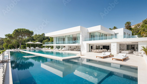 A luxurious white villa with a sparkling pool  spacious terrace  modern seating  and a seamless garage  offering a serene and harmonious atmosphere. 