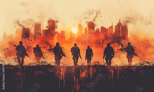 Silhouettes of men in camouflage, armed with automatic rifles, represent a commandos or paramilitary concept.