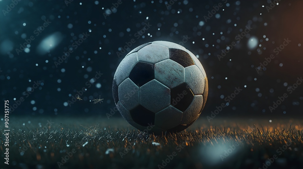 A football is on the grass in a stadium. The stadium is lit up with lights, creating a bright and exciting atmosphere A football is on the grass in a stadium. The stadium is lit up with lights, creating a bright and exciting atmosphere
