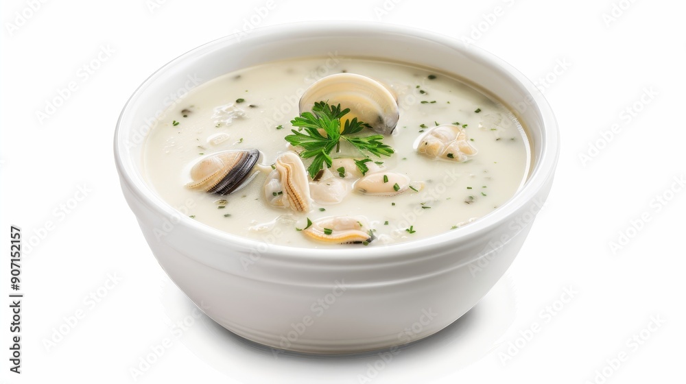 High-resolution bowl of clam chowder, steaming and inviting, isolated on a plain background with ample space for advertising text or logos High-resolution bowl of clam chowder, steaming and inviting, isolated on a plain background with ample space for advertising text or logos