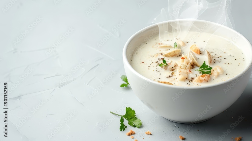High-resolution bowl of clam chowder, steaming and inviting, isolated on a plain background with ample space for advertising text or logos High-resolution bowl of clam chowder, steaming and inviting, isolated on a plain background with ample space for advertising text or logos