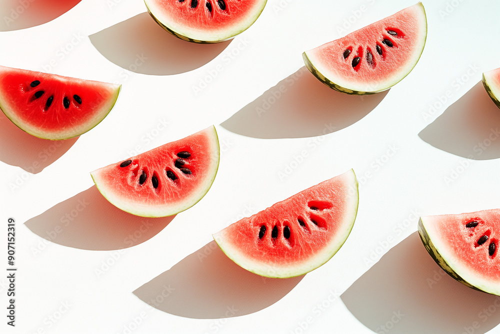 Watermelon slices on light background with soft shadows. Watermelon slices on light background with soft shadows.