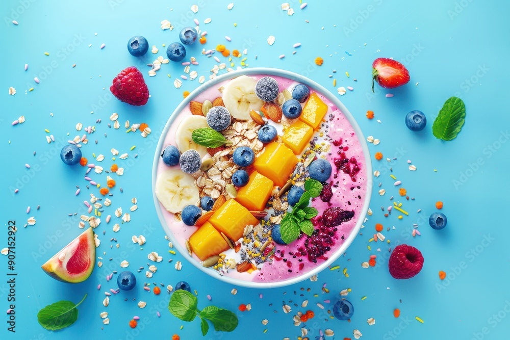 Colorful and nutritious smoothie bowl topped with fresh fruits and seeds, shot from above Colorful and nutritious smoothie bowl topped with fresh fruits and seeds, shot from above