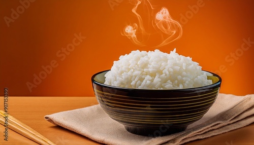 Steamed rice in bowl freshly cooked and ready to serve, simplicity and deliciousness of this staple food, perfect for any meal and enjoyed in various cuisine, Staple food, source of carbohydrate.  photo