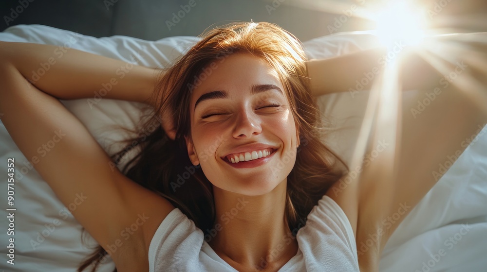 Gorgeous woman stretching and grinning as she wakes up in her bed. Beautiful young woman, well-rested when she wakes up in bed. Stretching in bed after waking up is a woman. wholesome way of life. con Gorgeous woman stretching and grinning as she wakes up in her bed. Beautiful young woman, well-rested when she wakes up in bed. Stretching in bed after waking up is a woman. wholesome way of life. con