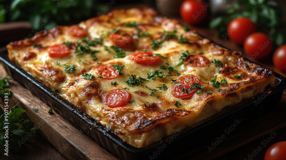 Classic Italian Lasagna with Fresh Basil on a Black Plate Classic Italian Lasagna with Fresh Basil on a Black Plate