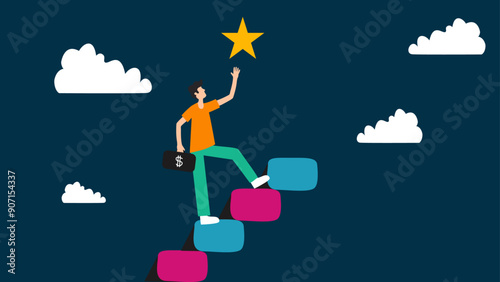 Businessman climbing steps to reach a star, holding a briefcase with a dollar sign, symbolizing ambition, reward, and motivation.

