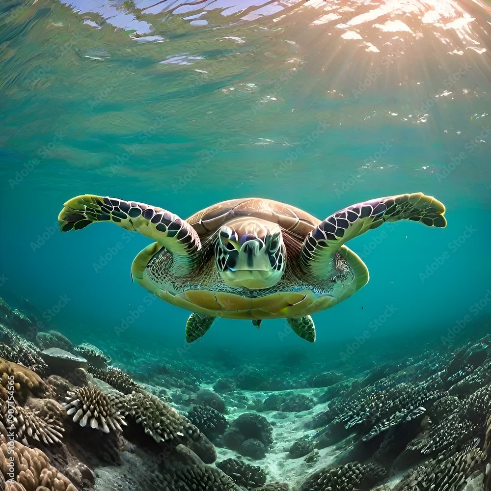 Obraz premium green turtle swimming underwater