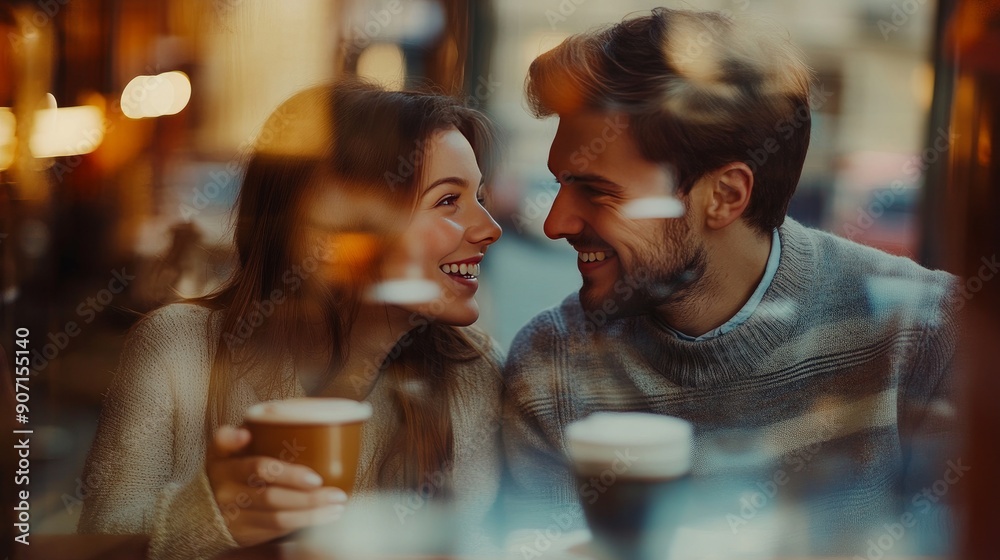 sharing a cup of fresh coffee. Through a glass shot of a lovely young couple sipping coffee in a cafe together, grinning and staring at each other sharing a cup of fresh coffee. Through a glass shot of a lovely young couple sipping coffee in a cafe together, grinning and staring at each other