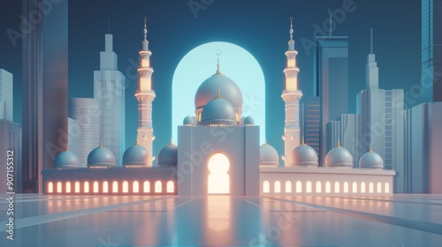 Sacred mosque architecture in the foreground, luminous neon skyscrapers creating a futuristic skyline backdrop, merging ancient and modern worlds photo